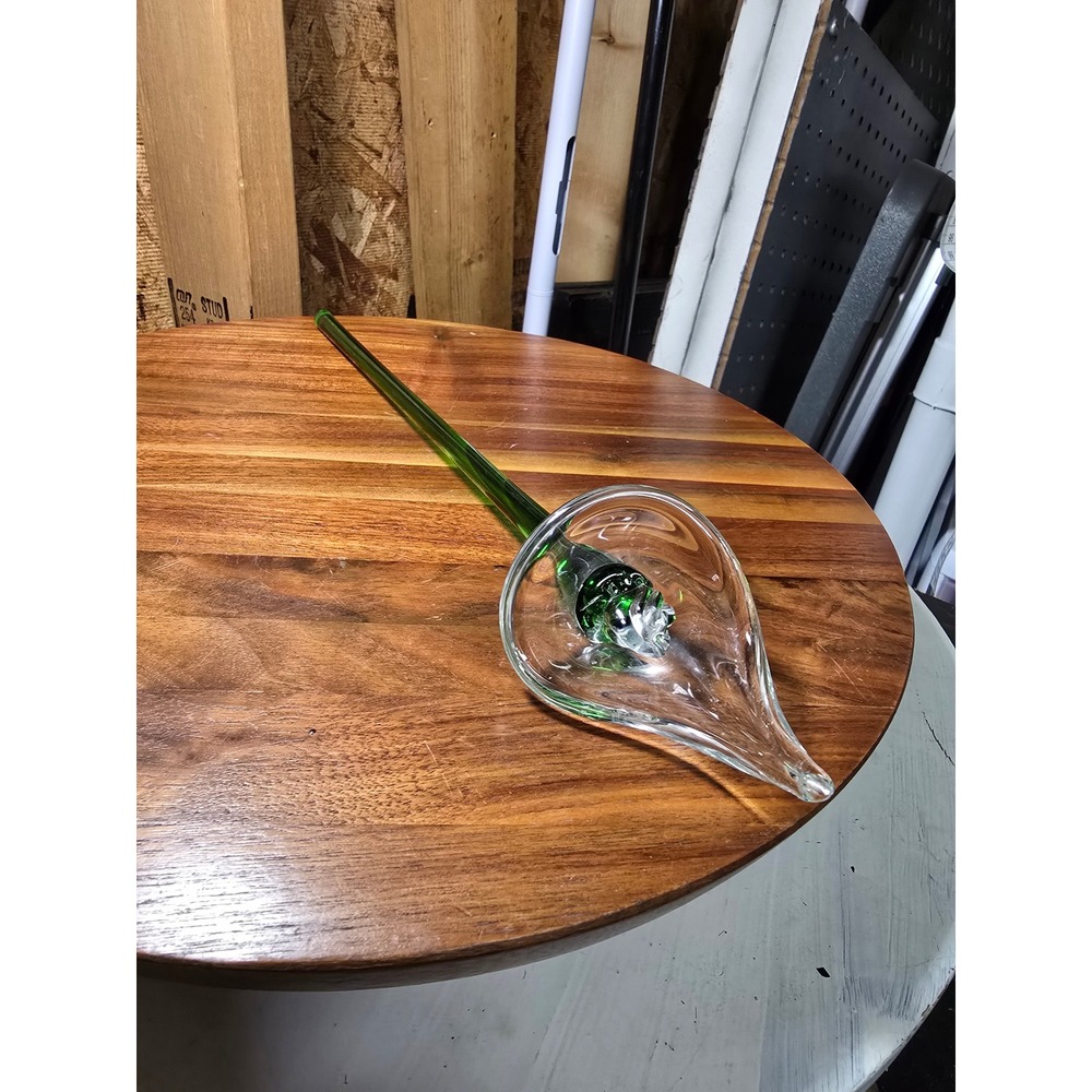 Vintage Hand Blown Art Glass Calla Lily Flower Green Stem Clear Bloom Decor
